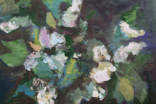 istock Trendy spring illustration modern art work my original oil painting on canvas impressionism horizontal landscape bush bird cherry branch flowers and buds of a plant lit by the sun 1125038184
