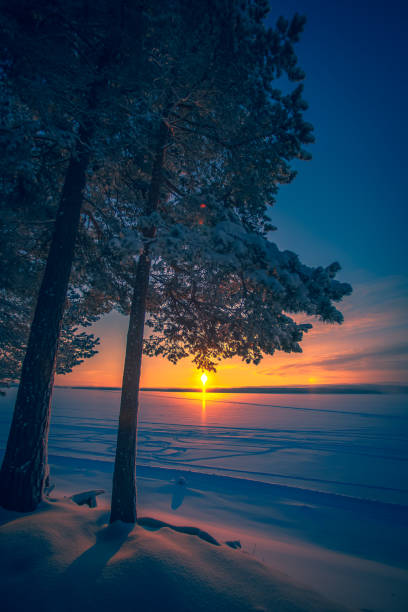 Very cold day sunset scenery from Sotkamo, Finland.
