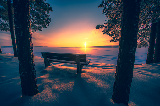 Very cold day sunset scenery from Sotkamo, Finland.