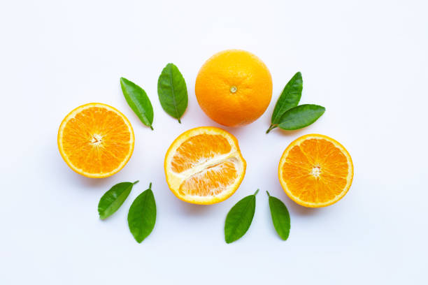 istock High vitamin C. Fresh orange citrus fruit with leaves isolated on white 1125041119