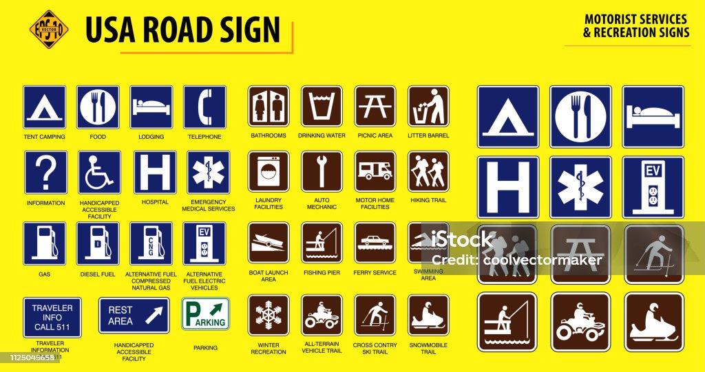 set of USA road sign set of USA road sign.(MOTORIST SERVICES & RECREATION SIGNS). easy to modify Sign stock vector