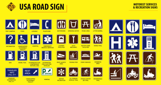 set of USA road sign set of USA road sign.(MOTORIST SERVICES & RECREATION SIGNS). easy to modify ferry passenger stock illustrations