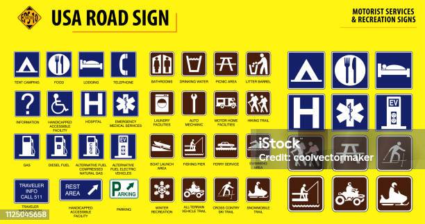 Set Of Usa Road Sign Stock Illustration - Download Image Now - Sign, Camping, Rest Area