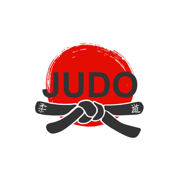 Judo - vector stylized font with black belt  knot of japanese martial arts on white background with red ink sun. Hand drawn asian sport calligraphy Judo - vector stylized font with black belt  knot of japanese martial arts on white background with red ink sun. Hand drawn asian sport calligraphy judo stock illustrations