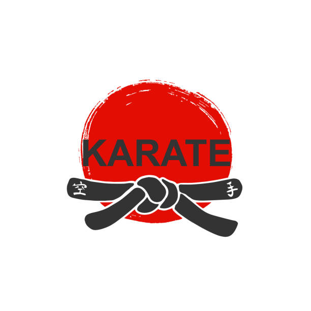 illustrations, cliparts, dessins animés et icônes de karaté - polices stylisées vector avec noeud de la ceinture noire des arts martiaux japonais sur fond blanc avec encre rouge soleil. dessiné de main calligraphie asiatique sport - aikido