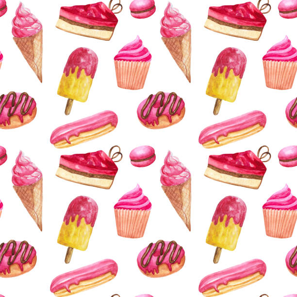 bezszwowy wzór deserów i wypieków akwarelowych: ciasta, wypieki, cukierki, czekolada, eclairs, babeczki, pączki, lody. - seamless croissant pattern ice stock illustrations
