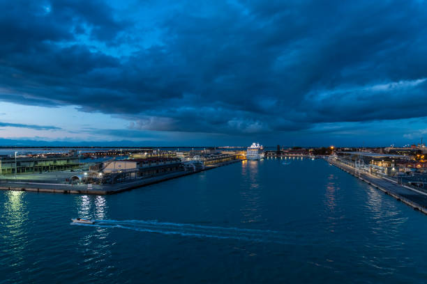 The harbor of Venice in Italy in the evening after a storm. View from a cruise ship.