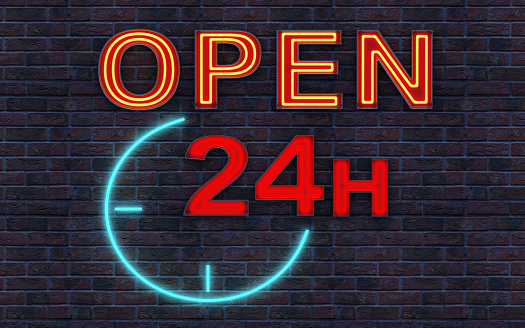 Neon Open 24h sign on dark brick background, 3d render