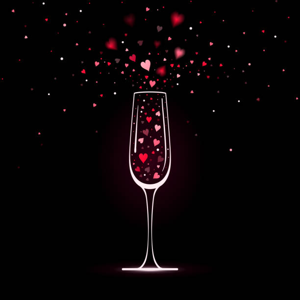 stilisierte sektglas mit herz konfetti - champagne pink bubble vector stock-grafiken, -clipart, -cartoons und -symbole