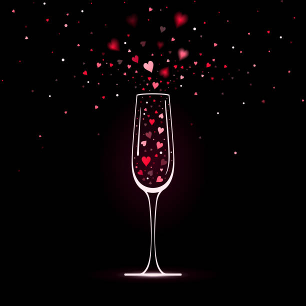 ilustrações, clipart, desenhos animados e ícones de taça de champanhe estilizada com confetes de coração - champagne pink bubble valentines day