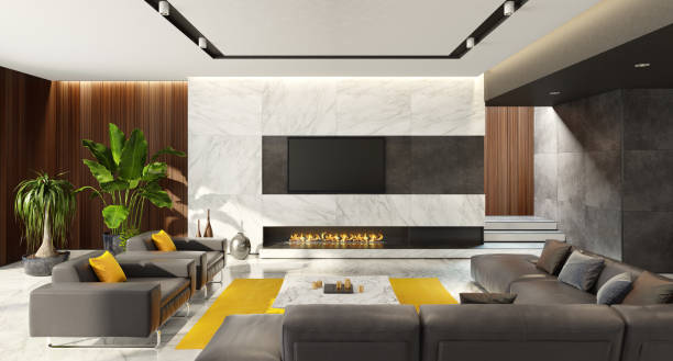 istock Luxury minimalist living room with eco fireplace 1125075613