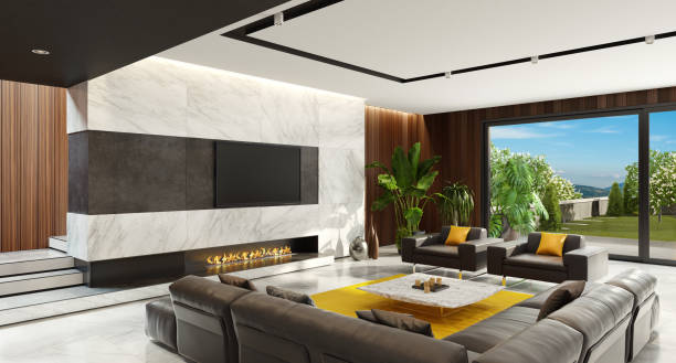 istock Luxury minimalist living room with eco fireplace 1125075924
