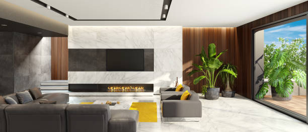 istock Luxury minimalist living room with eco fireplace 1125075927