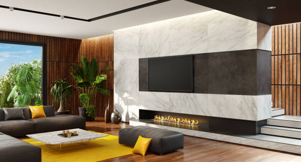 Modern minimalist living room with eco fireplace