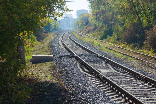 istock Railroad tracks with concrete sleepers. 1125079634
