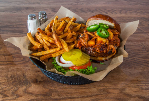 Gourmet Jelepeno pineapple hamburger with fries