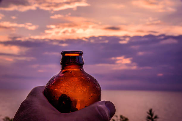 istock Beer bottle cheers at sunset on lake 1125084601