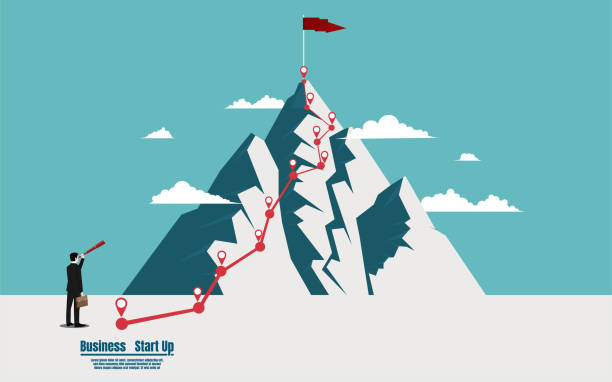 бизнесмен, держащий телескоп, смотрит флаг на вершине горы - забить гол иллюстрации stock illustrations