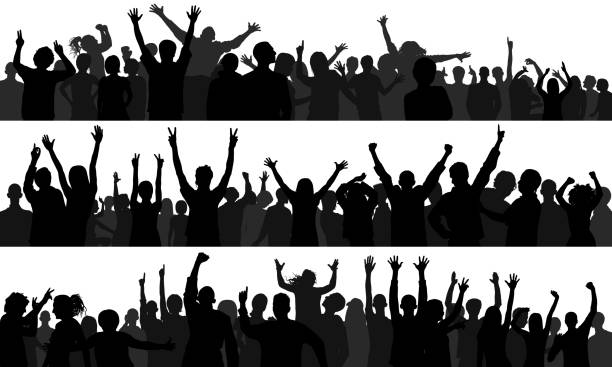 illustrazioni stock, clip art, cartoni animati e icone di tendenza di folla (le persone sono complete: un percorso di ritaglio nasconde le gambe) - cheering group of people silhouette fan