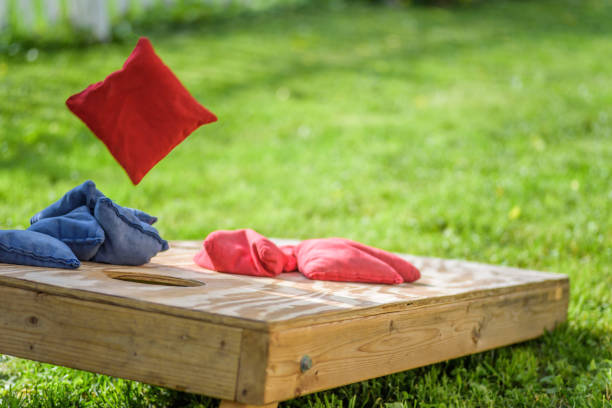 bolso de vuelo sobre el tablero del agujero de maíz en el patio trasero - botar fotografías e imágenes de stock