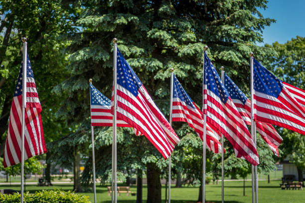 istock American flags waving in park on Memorial Day 1125087916