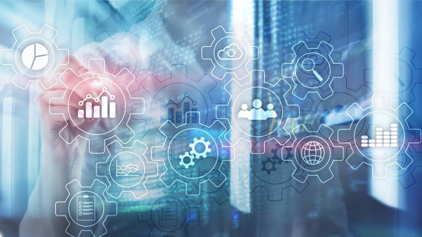 istock Business process abstract diagram with gears and icons. Workflow and automation technology concept 1125090025