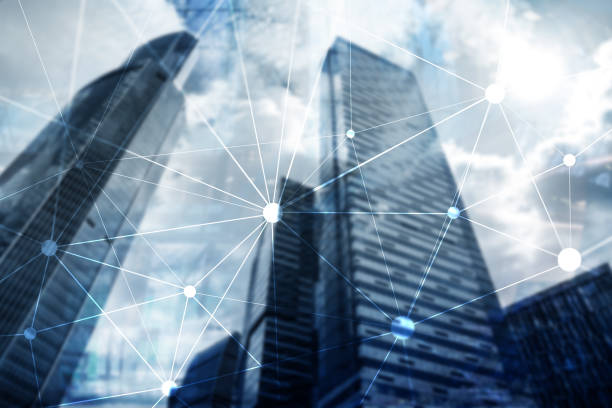 istock Blockchain network on blurred skyscrapers background. Financial technology and communication concept. 1125090765
