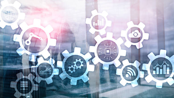 istock Automation technology and smart industry concept on blurred abstract background. Gears and icons. 1125091162