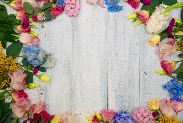 istock Spring flowers on wood background. Summer blooming border on a wooden table. 1125097576