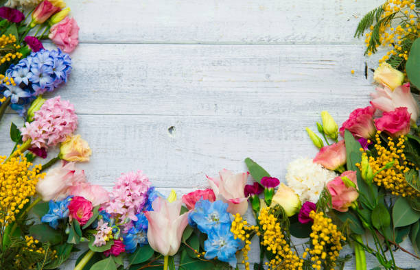 istock Spring flowers on wood background. Summer blooming border on a wooden table. 1125097613