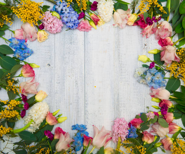 istock Spring flowers on wood background. Summer blooming border on a wooden table. 1125097782