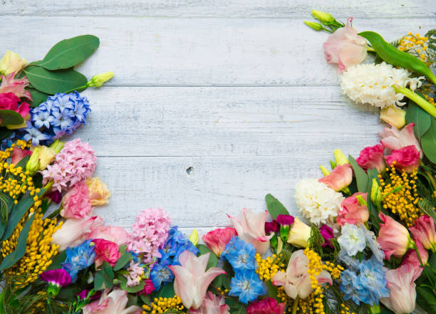 istock Spring flowers on wood background. Summer blooming border on a wooden table. 1125097910
