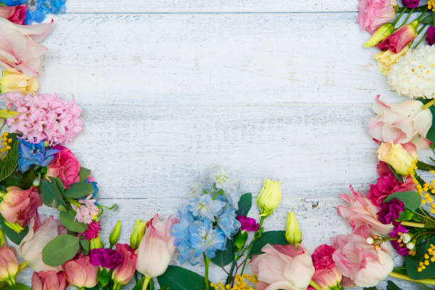 istock Spring flowers on wood background. Summer blooming border on a wooden table. 1125097931