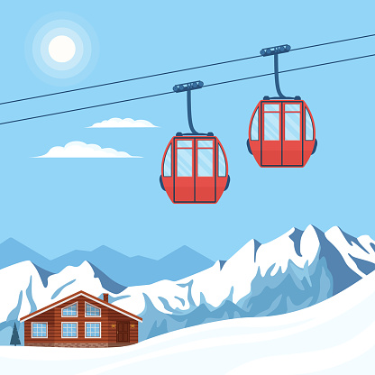 Red gondola ski lift moves in the air on a cableway on the background of winter snow mountains, hills, chalet, ski resort house and the shining sun. Vector flat illustration.