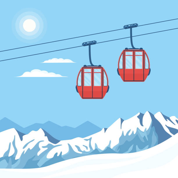 Red gondola ski lift and winter mountains. Red gondola ski lift moves in the air on a cableway on the background of winter snow mountains, hills, ski resort and the shining sun. Vector flat illustration. snow skiing stock illustrations