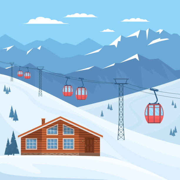 ilustraciones, imágenes clip art, dibujos animados e iconos de stock de estación de esquí con telesilla de cabina roja. - mountain cabin european alps switzerland