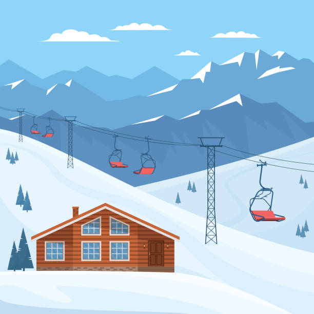 ilustraciones, imágenes clip art, dibujos animados e iconos de stock de estación de esquí con telesilla rojo. - telesilla