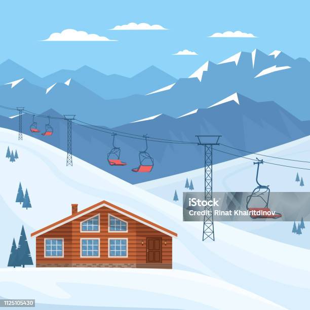 Ski Resort With Red Chair Lift Stock Illustration - Download Image Now - Ski Lift, Chalet, Mountain