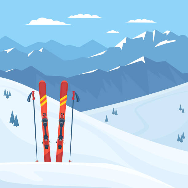 Red ski equipment at the ski resort. Red ski equipment at the ski resort. Snowy mountains and slopes, winter landscape. Vector flat illustration. ski stock illustrations