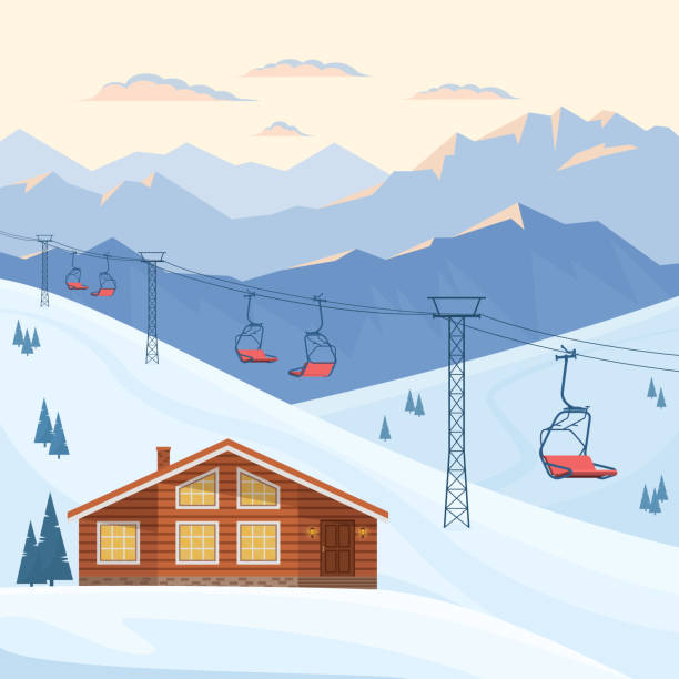 горнолыжный курорт с красным подъемником стула. - mountain snow sunset house stock illustrations