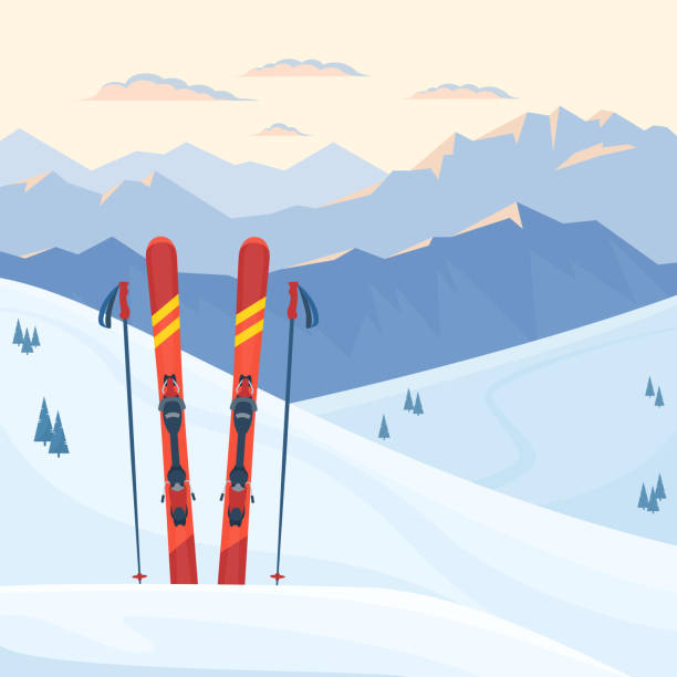 illustrazioni stock, clip art, cartoni animati e icone di tendenza di attrezzatura da sci rossa presso la stazione sciistica. - sci