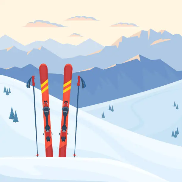 Vector illustration of Red ski equipment at the ski resort.