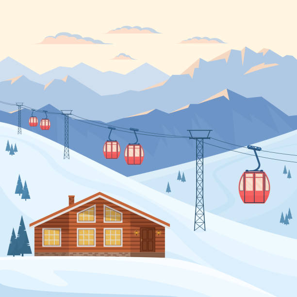 Ski resort with red ski cabin lift. Ski resort with red ski cabin lift on cableway, house, chalet, winter mountain evening and morning landscape, snowy peaks and slopes. Vector flat illustration. aerial tramway stock illustrations