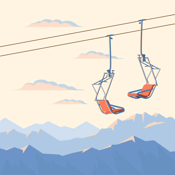 ilustraciones, imágenes clip art, dibujos animados e iconos de stock de silla roja ski lift y montes de invierno. - telesilla