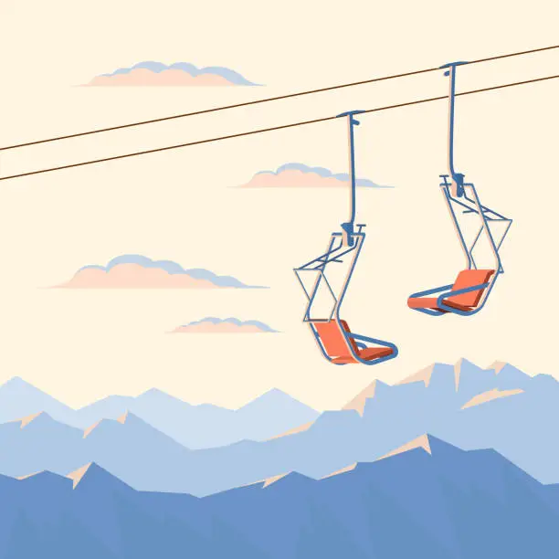Vector illustration of Red chair ski lift and winter mountains.
