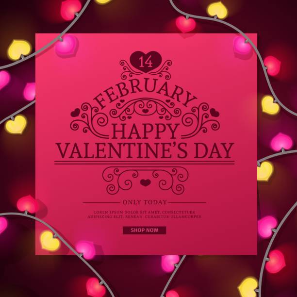 istock Template design banner  pink note for Valentine's day offer. Red background with decor neon garland and swirl elements for Happy Valentine's day sale. Romantic promotion card and flyer. Vector. 1125106079