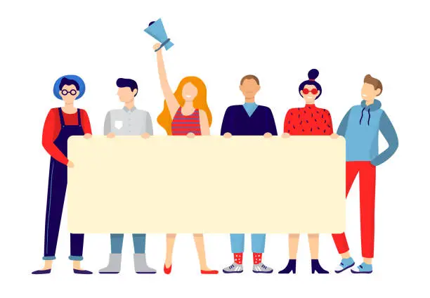 Vector illustration of Protesting people group. Activists hold sign board or placard, team holding announce poster and active protest vector illustration