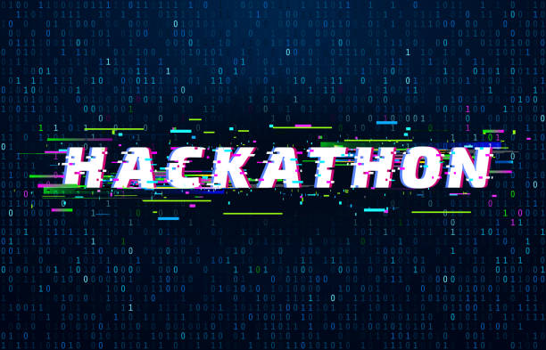 Hackathon background. Hack marathon coding event, glitch poster and saturated binary data code flux vector background illustration Hackathon background. Hack marathon coding event, glitch poster and saturated binary data code flux. Postmodern cyberpunk monitor, hackathon futuristic vector background illustration zero errors stock illustrations