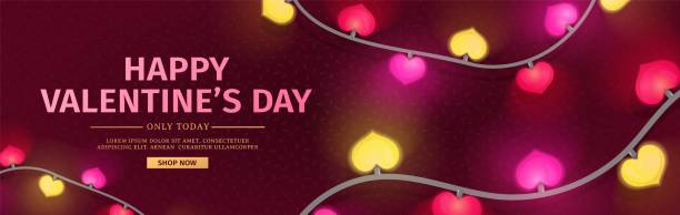 istock Template horizontal luxury design banner  for Valentine's day offer. Red background with decor neon heart shape garland and  for Happy Valentine's day sale. Romantic promotion card and flyer. Vector. 1125107419