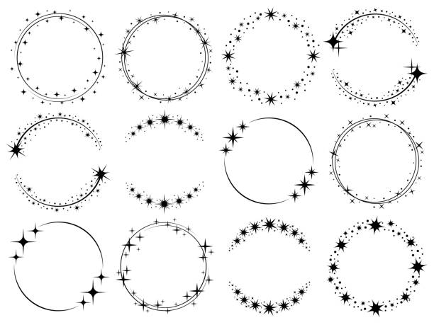 Stardust frames. Shiny star circle frame, starry glitter stamp and round magic twinkle stars trace isolated vector set Stardust frames. Shiny star circle frame, starry glitter stamp and round magic twinkle stars trace. Shine stardust swirl, shining glowing halo for party decor. Isolated vector symbols set circle borders stock illustrations